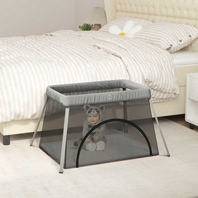 Kūdikio maniežas su čiužiniu, šviesiai pilkas, lininis audinys