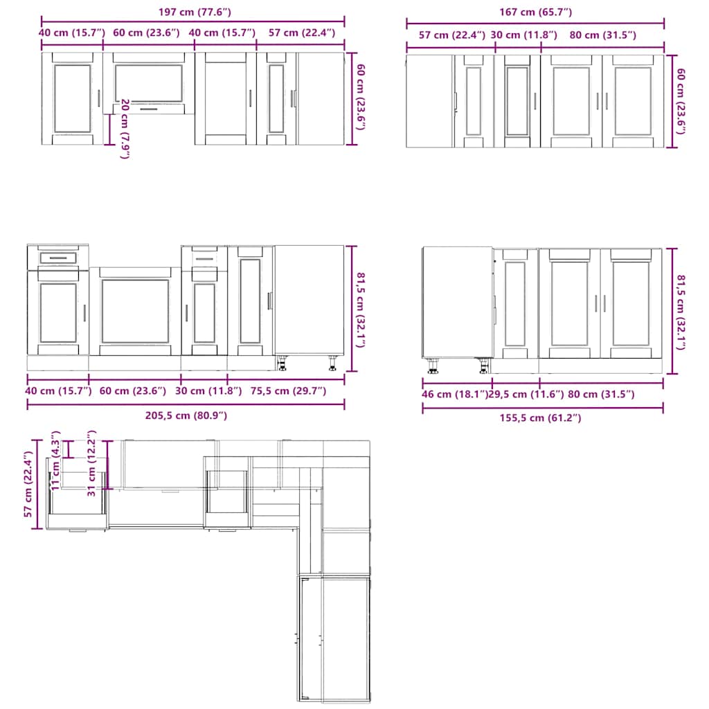Virtuvinių spintelių komplektas, 11 dalių, Porto, balta